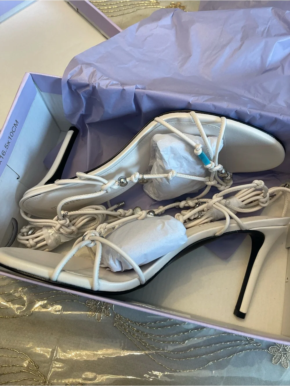 Madden Girl White Lace-Up Stiletto Sandals with Silver Bead Detail